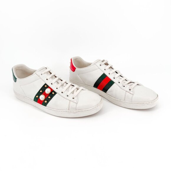 Gucci Pearl-Embellished Ace Sneakers White Leather Size 38.5 US 8.5 Women's - Picture 1 of 15